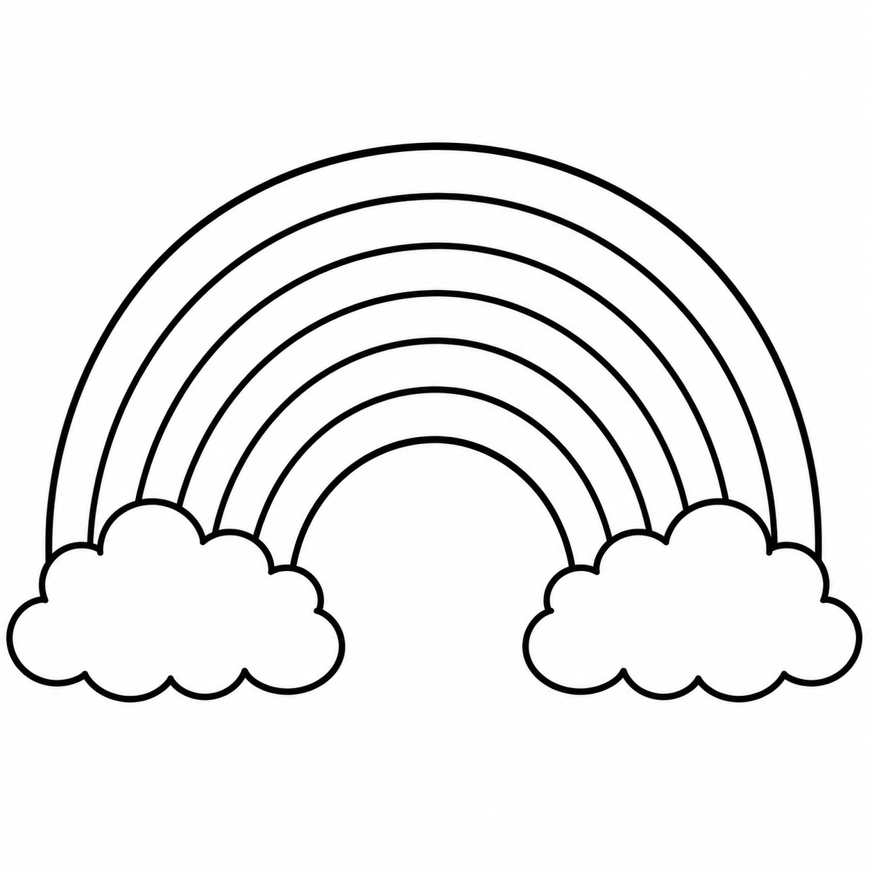Rainbow with fluffy clouds coloring page — free printable rainbow coloring page for kids with simple cloud designs.